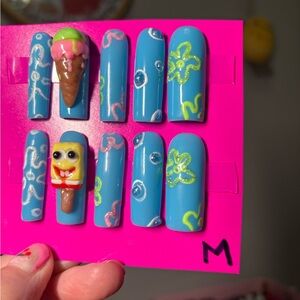Blue Cartoon Nail Set with Ice Cream and SpongeBob Design
